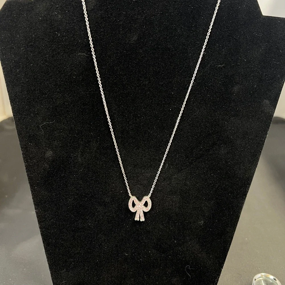 Coach Silver Tone Pink Pave Crystal Bow Pendant‎ Necklace 17 Inch Chain